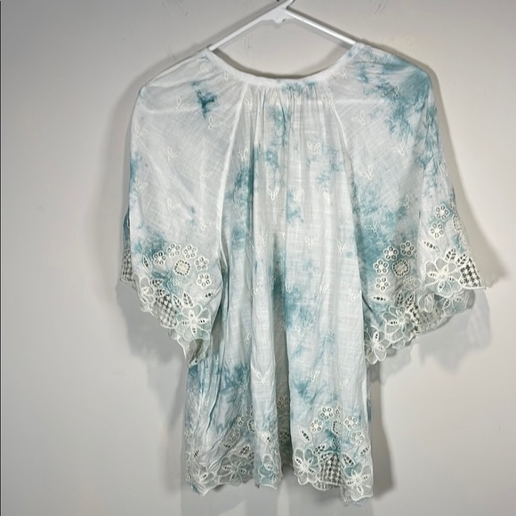 Anthropologie Tie Die Blue and White Flutter Embroidered Sleeve Blouse - Picture 9 of 12